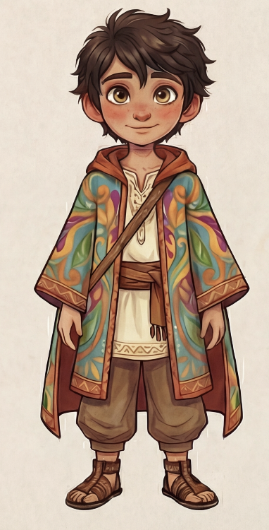 Aura standing in his colorful Roman cloak